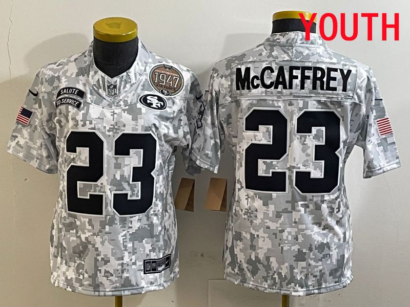 Youth San Francisco 49ers #23 Mccaffrey Nike Arctic Camo 2025 Salute to Service Limited NFL Jersey style 2